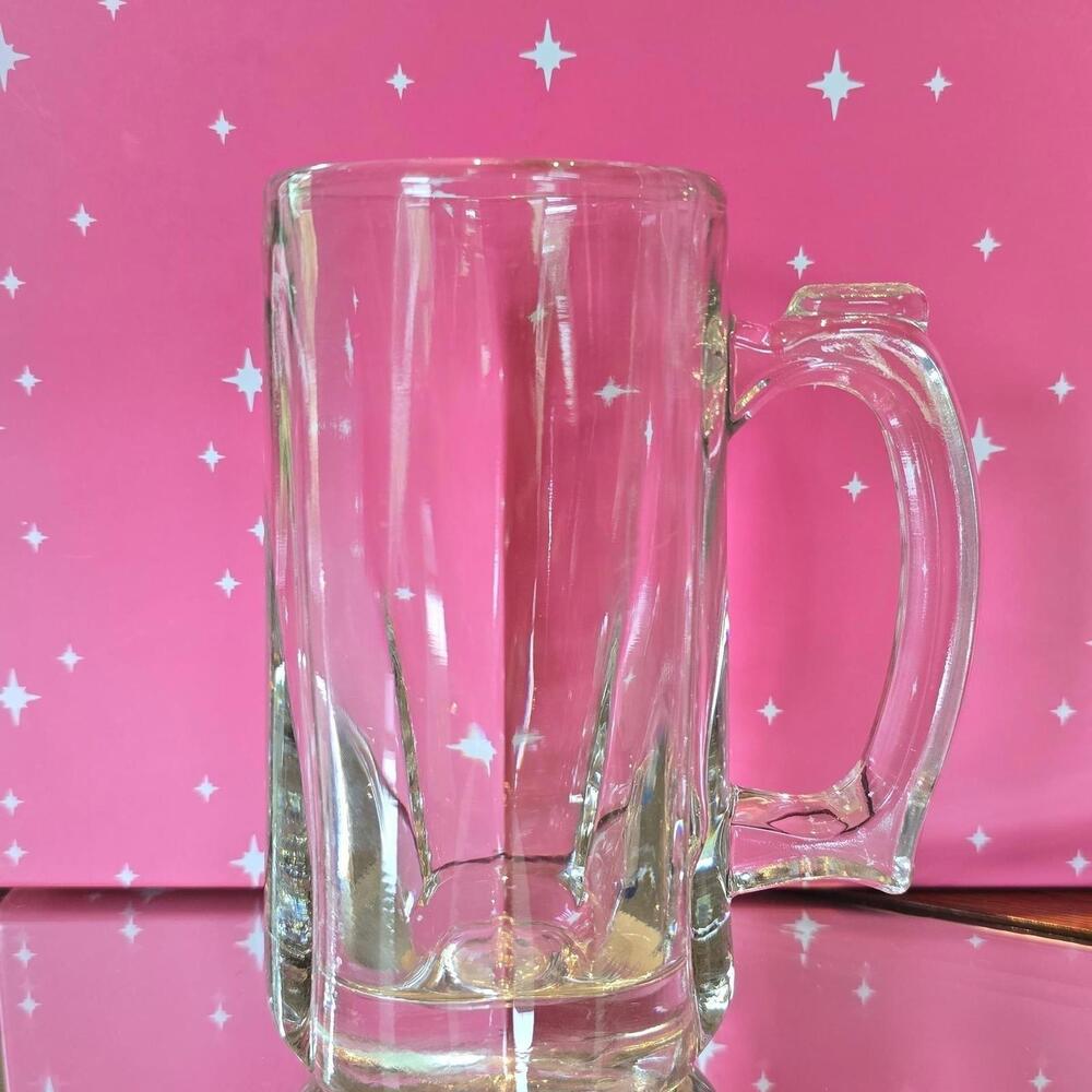 Vintage - Libbey 12oz Beer Stein, 6" Heavy Clear Glass Round Paneled, Thumb Grip